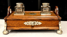 1900s ANTIQUE ENGLISH OAK DESK STAND W/ DOUBLE CUT CRYSTAL INKWELL & DRAWER (EY) picture