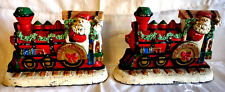 2 Matching VTG Cast Iron Painted Xmas Train Santa Book Ends Door Stops picture
