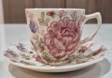 Rose Chintz Demitasse Tea Cup & Saucer Set, Made in England, Pink Stamp picture