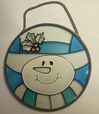 Vintage Holiday Snowman Colorful Stained Glass Suncatcher With Chain picture