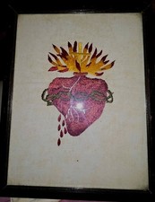Vtg Hand Embroidered Sacred Heart 8 X 10 Framed Antique Religious Embroidery picture
