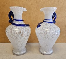 Vintage Pair of Murano Glass Silvestri Handled Vases Pitcher White & Blue Swirl picture