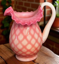 RARE Fenton Rosalene Diamond Optic Hand Painted Large Uranium Glass Pitcher picture