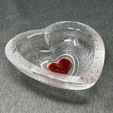 Heart Shaped Glass Trinket Dish Heavy Thick Clear/Red Vanity Decor Small 4.5