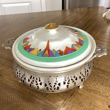 Vintage Hall Casserole Dish Lusterware W/ Lid & Silverplate Stand MCM Rare picture