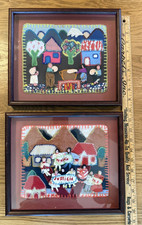 Framed set-Vintage PERUVIAN Handmade ARPILLERA Folk Art Wall Tapestry Quilt 9x7 picture
