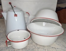 Vtg Lot Red & White Enamelware Lg Kettle Lg  Sm Basins  Farmhouse Cowboy Coffee picture