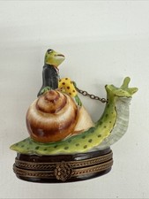 Limoges Frog Riding Snail Trinket Box Snail Missing One Ear picture