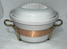 VTG 2 Qt White Ceramic Covered Casserole Dish w/Copper Stand w/Brass Handles picture