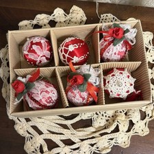 Vtg Handcrafted Red Satin Lace Christmas Ornaments Lot 6 Sequins Roses Victorian picture