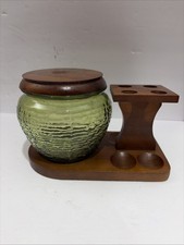 Vintage Unique Aztec Wooden 4 pipes stand Holder and Green glass humidor picture