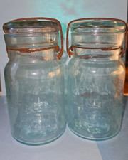 Pair Antique Putnam Lightning Aqua Blue Fruit Jar #49 Glass Lid Wire Bail picture