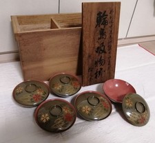 Wajima Japanese Lacquer Lidded Soup Bowls Set of 5 Gold Maki-e Wood Box picture