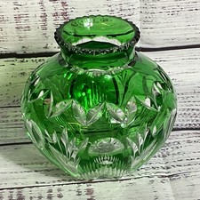 VTG. Bohemian Emerald Green Cut Crystal Round Vase- 4.5