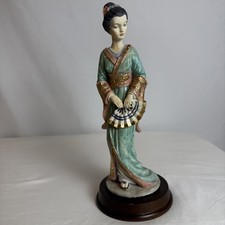 VTG Arnart Pucci Signed Porcelain Geisha Figurine Japanese Lady Fan Wood Base picture