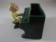 Vintage 1950s Ceramic Elf Pixie Playing The Piano Planter Vase Green MCM picture