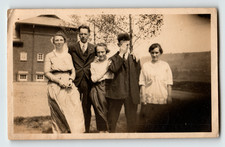 Photo Group of Young Men and Women Outdoors by Large Building Shy Man 1920s picture