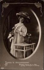 EAS Beautiful Woman Fancy Hat Waiting by Telephone Antique RPPC picture