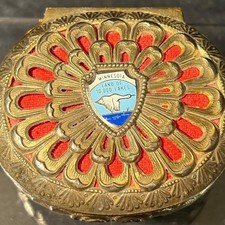 Vintage Minnesota Land of 10000 Lakes Filigree Trinket Box Gold Tone Red Velvet picture