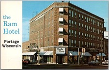 PORTAGE, Wisconsin Postcard THE RAM HOTEL Downtown Street Scene c1960s - Unused picture