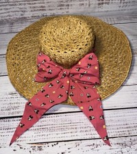 Disney Character Fashions 80s Vintage Straw Sun Hat w/ Mickey Mouse Ribbon Bow picture