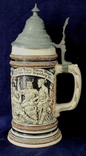 Vintage German 0.5L Lidded Beer Stein Hunting Scene Relief Inscription #408 picture