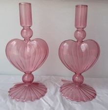 SET OF 2 NEW BLOWN PINK HEART GLASS CANDLEHOLDERS TAPER CANDLES ROMANTIC LOOK picture