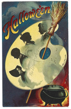 Atq Halloween Postcard The Black Art Palette Cauldron Broomstick IAP 1393 Unpost picture