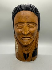 Vintage Hand Carved Wooden Native American Bust Sculpture Signed picture