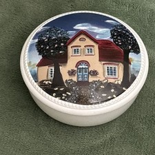 Vtg Villeroy & Boch Galerie 4.5” Trinket Dish w Lid Cottage Scene W. Germany picture