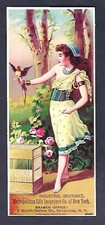 c1890 Victorian Trade Card Metropolitain Life Insurance, Woman Holding a Bird picture