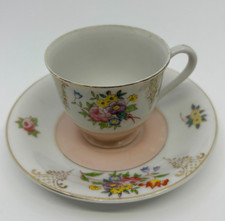 Vintage 1947-52 Demi Cup and Saucer Made in Occupied Japan Pink Floral Gold Trim picture