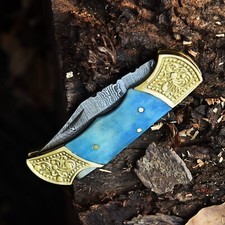 Handmade Real Damascus Steel Folding blade Pocket Knife Blue Bone Handle picture