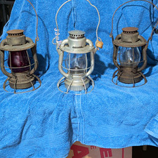 Dietz Lot of 3 Metal Railroad-Style Lanterns w/ Clear & Red Glass Globes picture