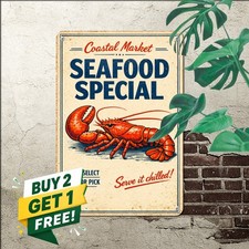 Fresh Caught Maine Seafood Steamed Lobster Shanty Plaque Retro Metal Tin Sign picture