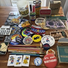 Vtg Junk Drawer Lot Variety Advertising Button Pins Patches Ziggy Mug Pencils ++ picture