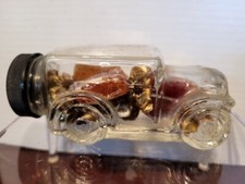 VTG CLEAR 1930'S SEDAN CAR GLASS CANDY CONTAINER w/ BLACK CLOSURE & PRODUCT #2 picture