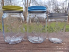 Spring Summer Themed Flowers Embossed Mason Style Jar Pint & Half Pint Set of 3 picture