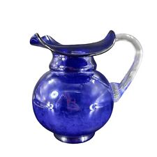 Hand Blown Glass Pitcher Carafe Cobalt Blue Applied Clear Handle Wavy Edge Top picture