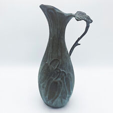 Vintage 60s Art Nouveau Revival Bronze Floral Pitcher Vase with Verdigris Patina picture