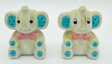 Vtg Anthromorphic Pink Blue Sitting Elephant Salt and Pepper Shakers Kitsch picture