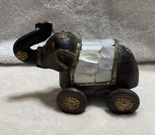 Indian Elephant Wooden Brass Mother Of Pearl Toy On Wheels Vintage picture
