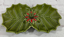 Vintage Enesco Ceramic Holly Leaf Candy Serving Christmas Dish Green Red VGC picture