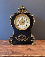 Antique Ornate Black & Gold Mantel Clock Mechanical Key Wind 14” Working picture