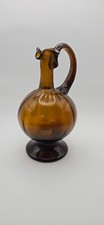 Vintage Amber Glass Hand Blown Pedestal Ewer Pitcher Ruffled Rim Ribbed 8
