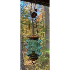 Vintage Aqua Blue Optic Glass Swag Lamp Mid Century Modern Brass Fixture picture