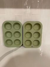 Two Vintage Mirro USA Aluminum Moss Jadeite Avocado Green Muffin Cupcake 6 Hole picture