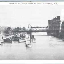 c1940s Whitehall NY Barge Canal Locks Postcard Bridge Factory Boat Fairbanks PC picture