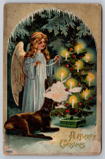 1911 Antique Christmas Postcard Angel Tree Candles Deer AS-IS DAMAGED picture