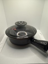 Stoneware Pot W/ Handle Lid Vintage Crockery Glazed Microwave Cooking Pot Signed picture